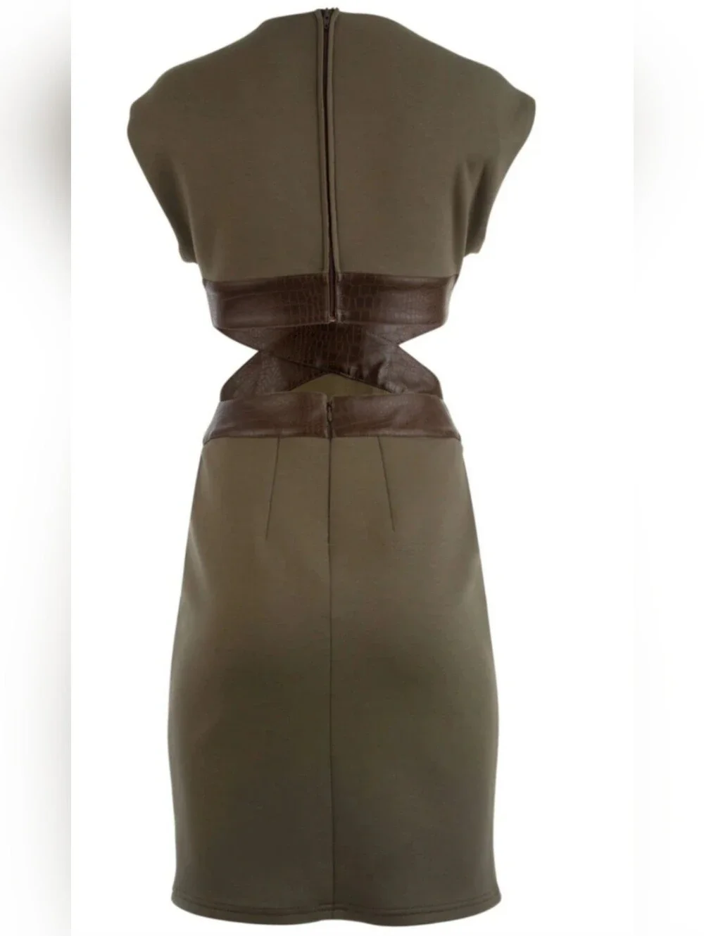 NWT Venus Bodycon Faux Leather Detail Cutout Dress-Brown - Picture 5 of 7